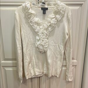 Ashley Stewart Cream Ruffle V-Neck Blouse